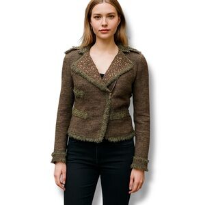 Monoreno Womens Tweed Frayed Trim Sequin Zip Jacket Boho Wool Blend Moto Bling L